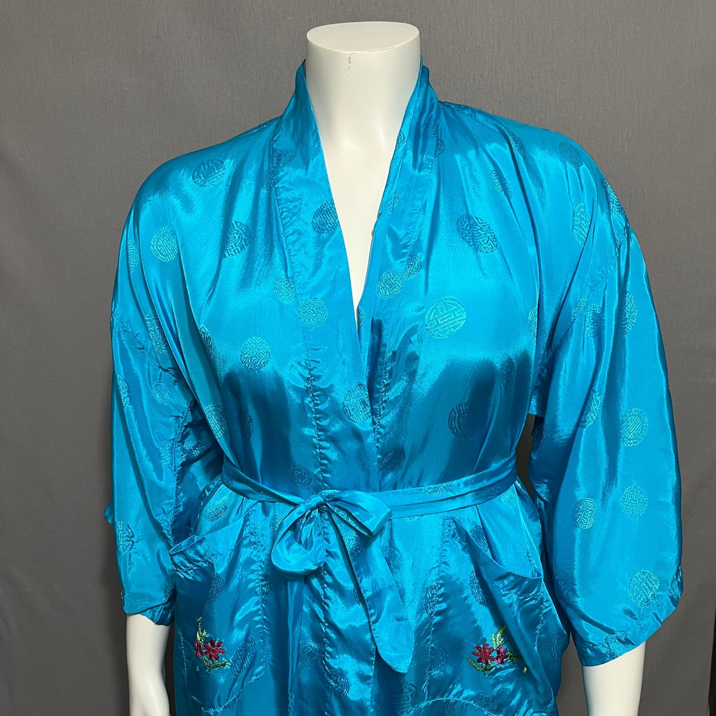 Vintage Golden Bee Embroidered Bird Print Turquoise Robe Sz-Medium/Large