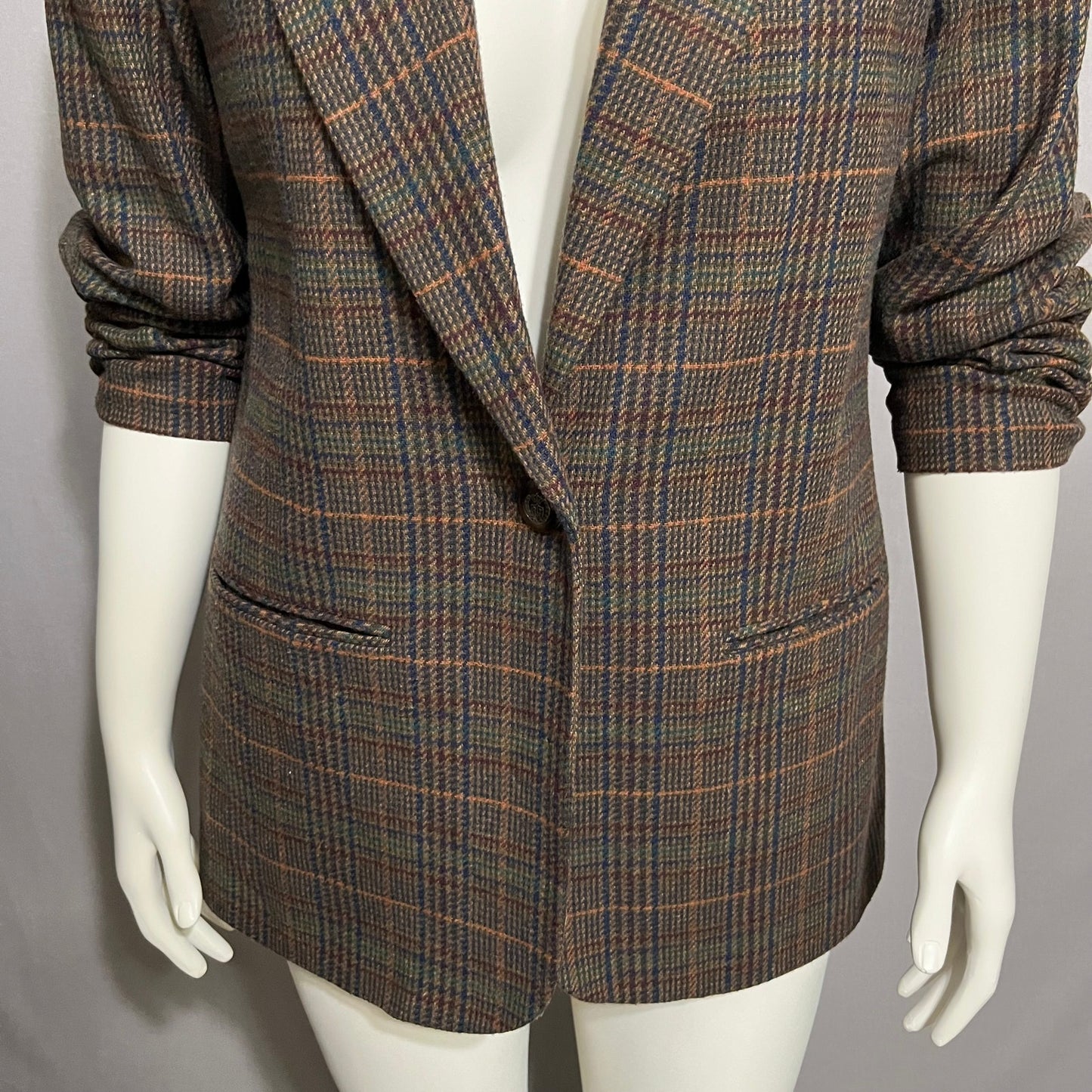 Vintage Requirements Chocolate Wool Blend Plaid One Button Blazer Sz-12