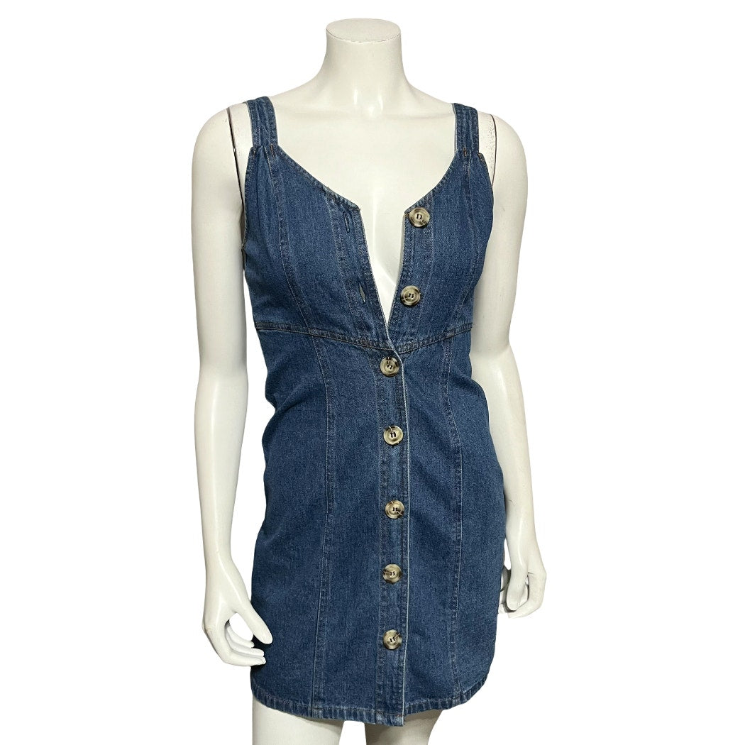 Sugar Lips Denim Cotton Mid Blue Button Front Tank Dress Sz-XS