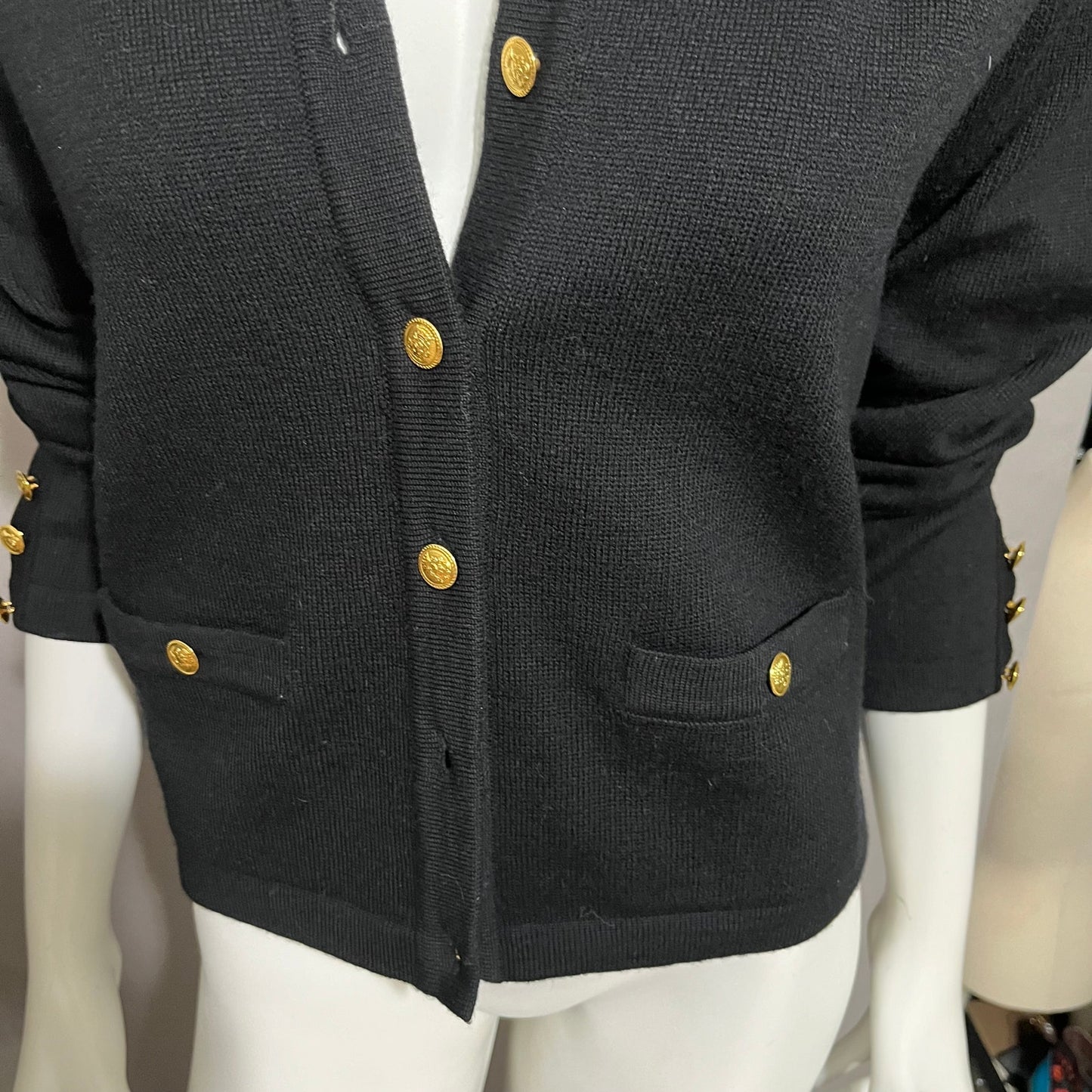 Talbots Black 100% Merino Wool Gold Button Front Cardigan Sz-Small