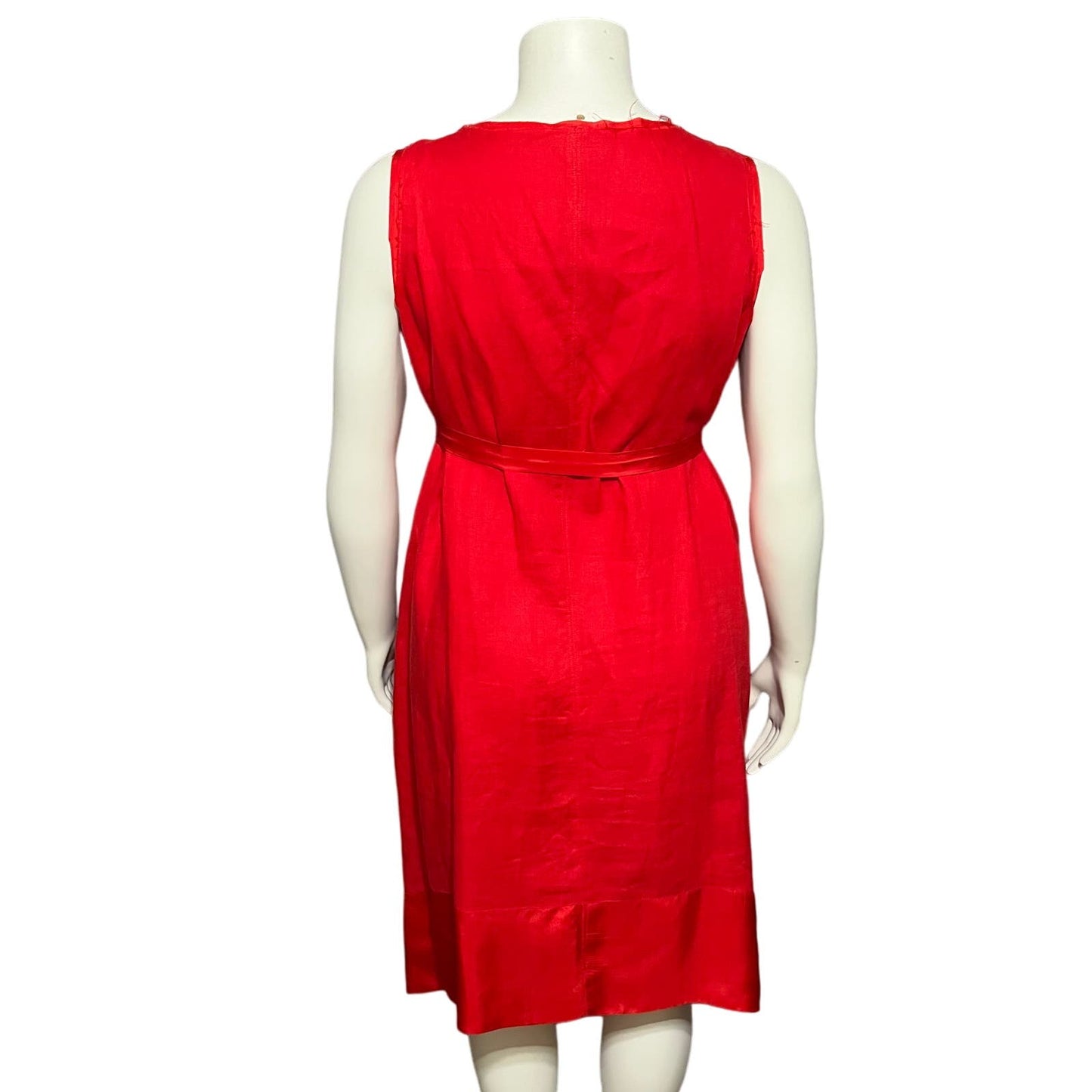 Sundance Red 100% Linen V-Neck Flare With Silk Trim Tie Dress Sz-Large