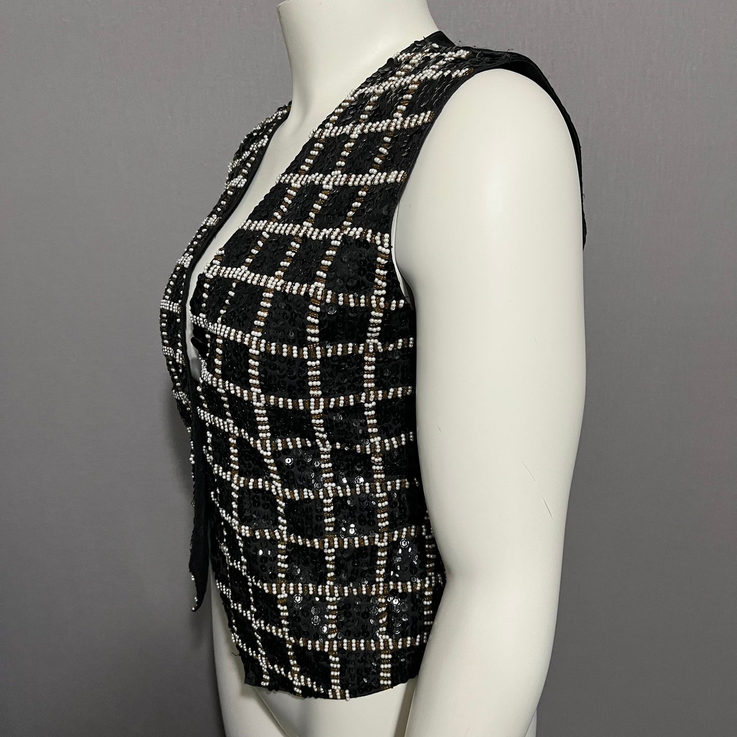 Theo Beaded Gold Black Sequin Square Print Vest Sz-Medium