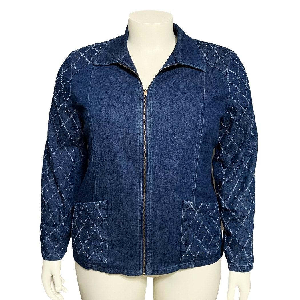 Alfred Dunner Dark Denim With Gold Studded Sleeves Zip Front Jacket Sz-18