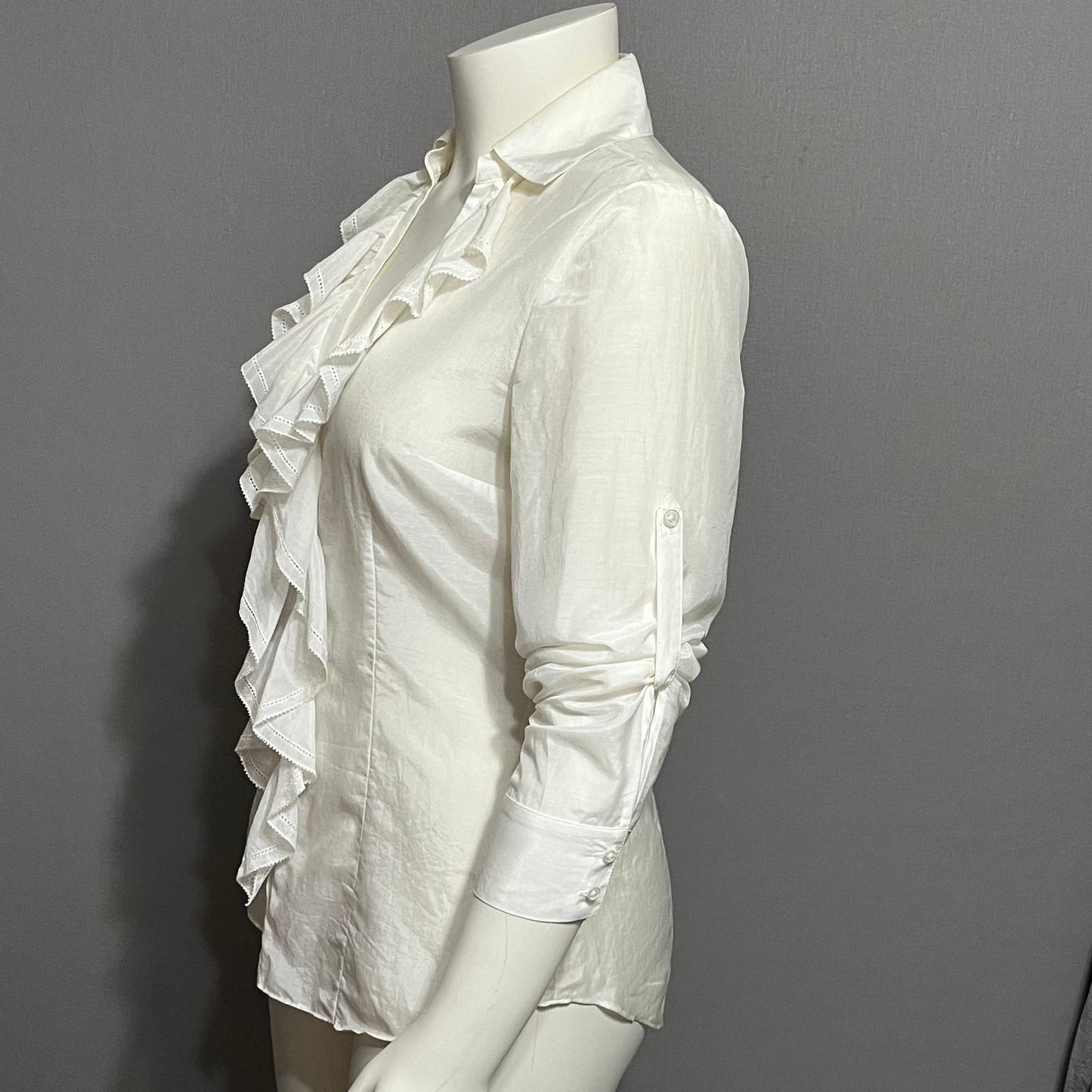 WHBM Cotton Silk Blend V-Neck Ruffle White Long Sleeve Blouse Sz-10