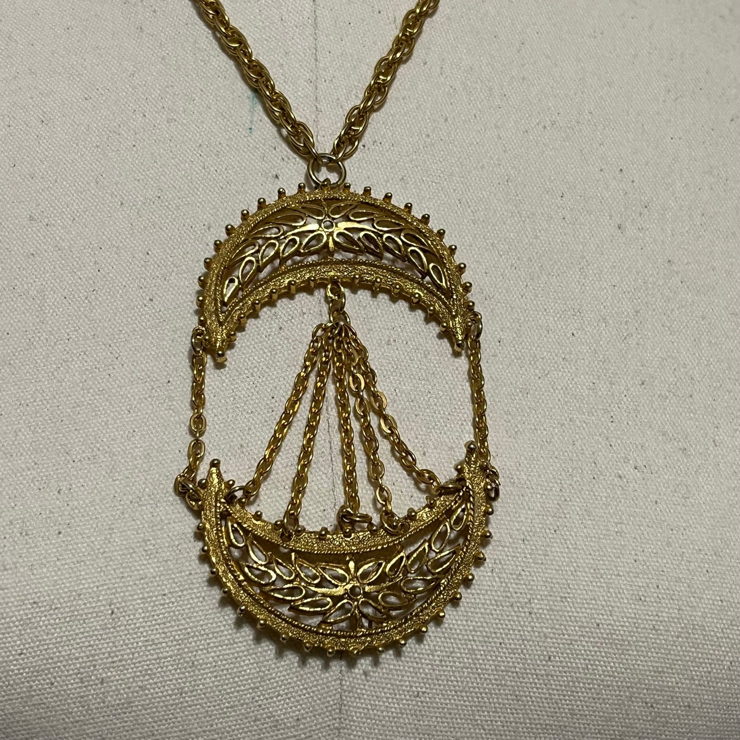 Vintage 1960s Brass Pendant With Floral Filigree Design Necklace