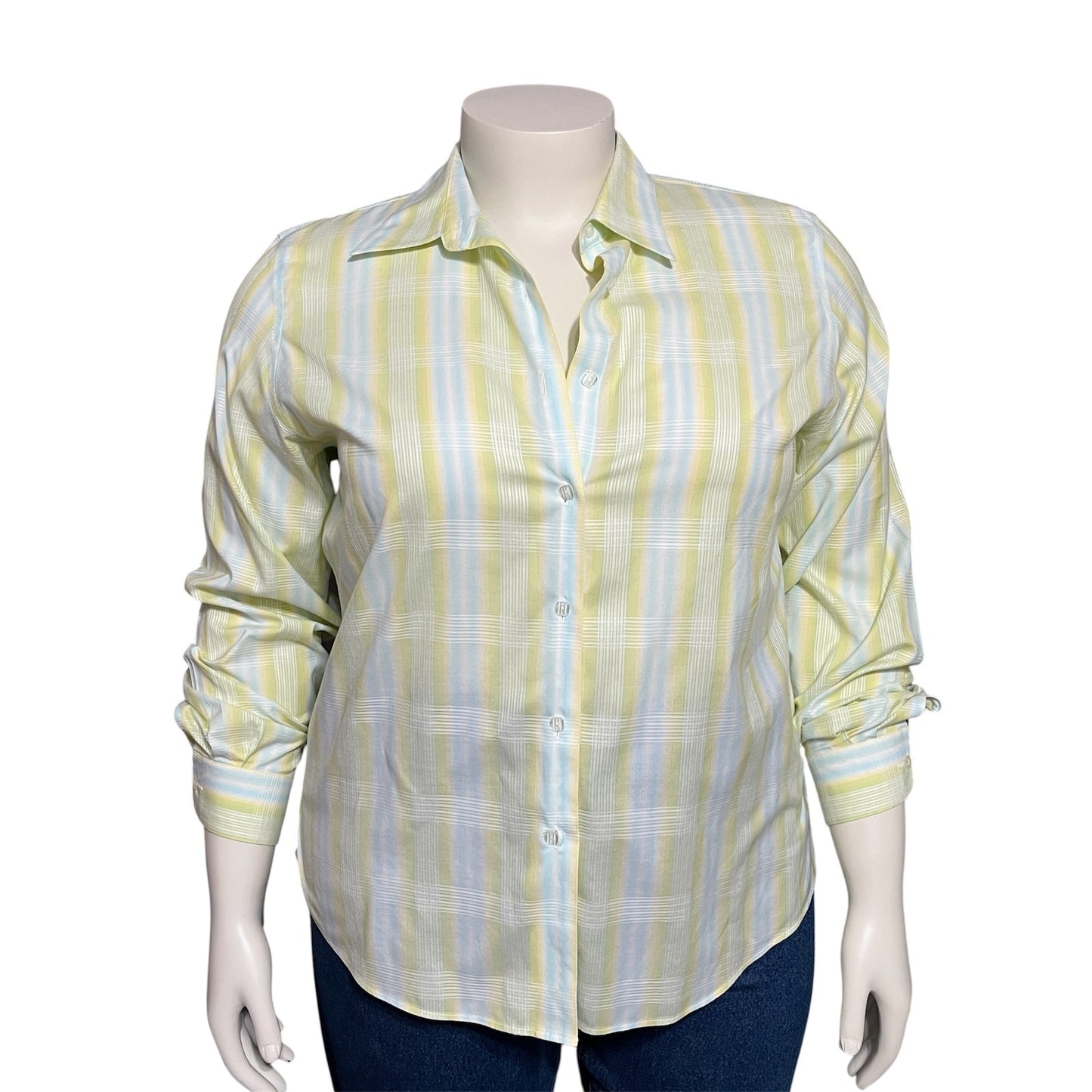 Women Checkered Print Spring Button Front Shirt Sz-16 Pale Yellow Blue Green
