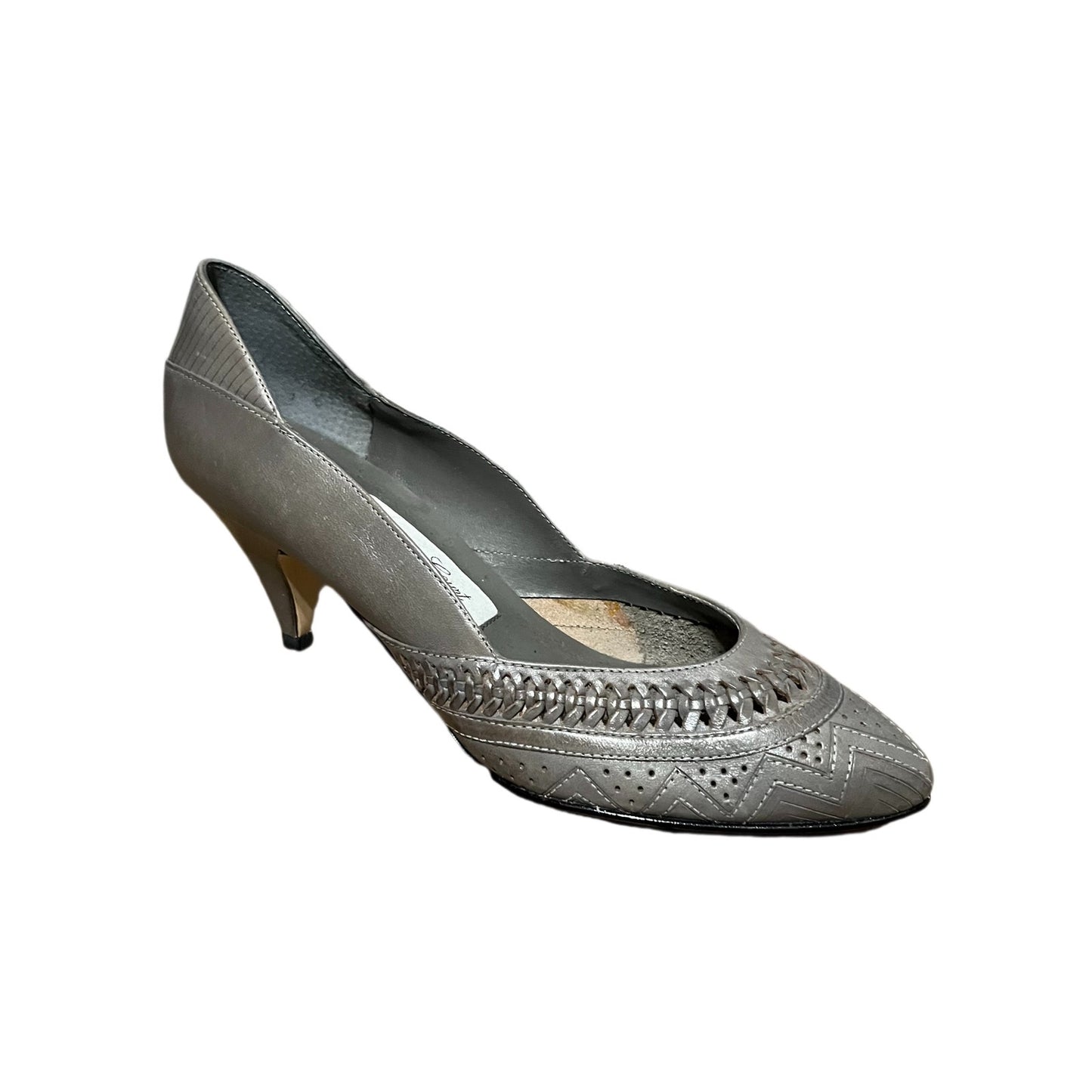 Carriage Court Vintage Grey Geometric Print Pointy Toe Kitten Heel Sz-7 1/2 B