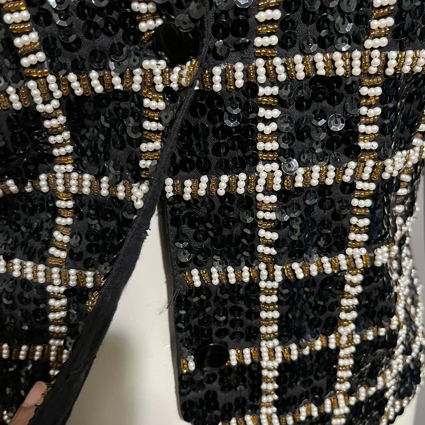 Theo Beaded Gold Black Sequin Square Print Vest Sz-Medium