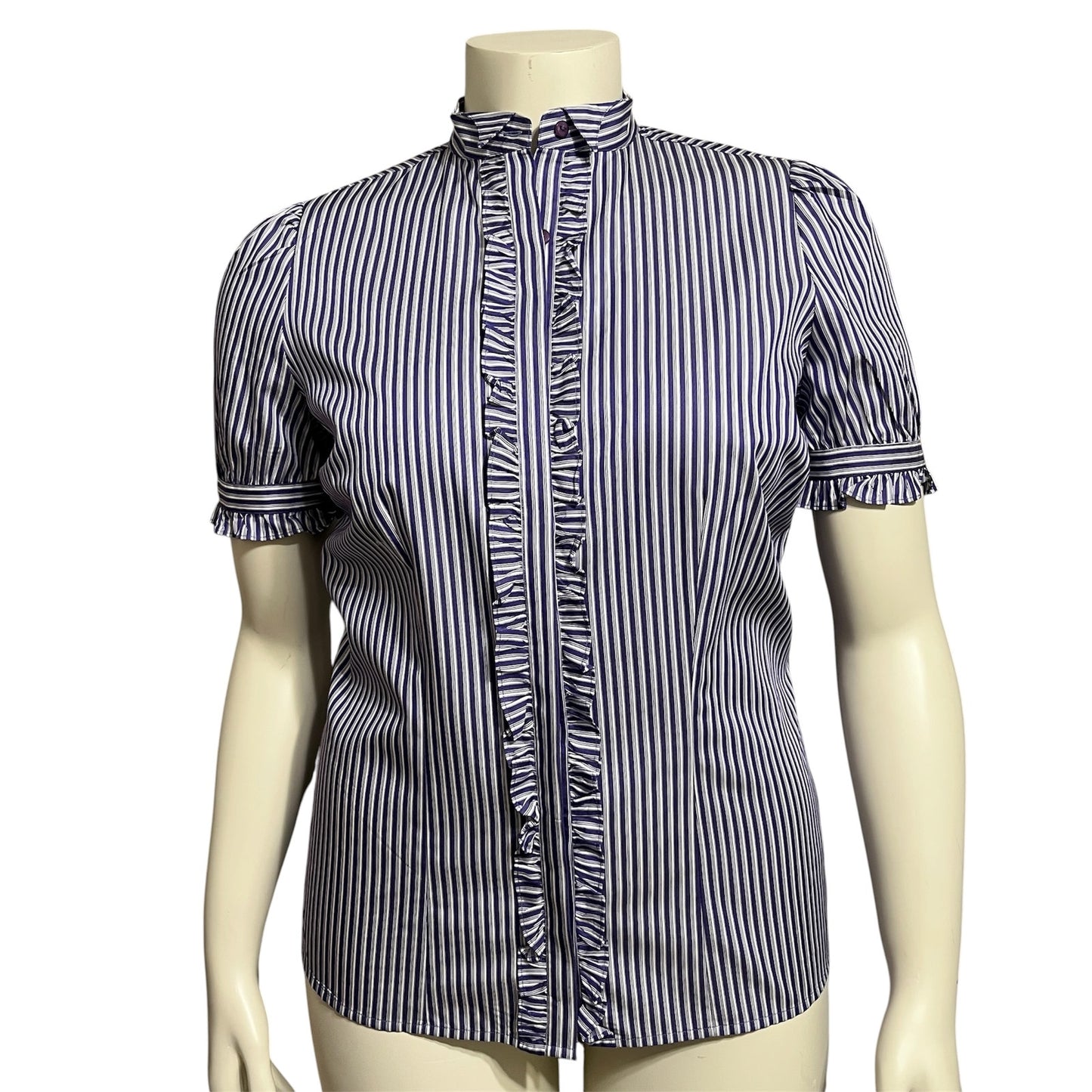 Thomas Pink Womens Purple 100% Cotton Striped Shirt Ruffle Short Sleeve  Sz-10
