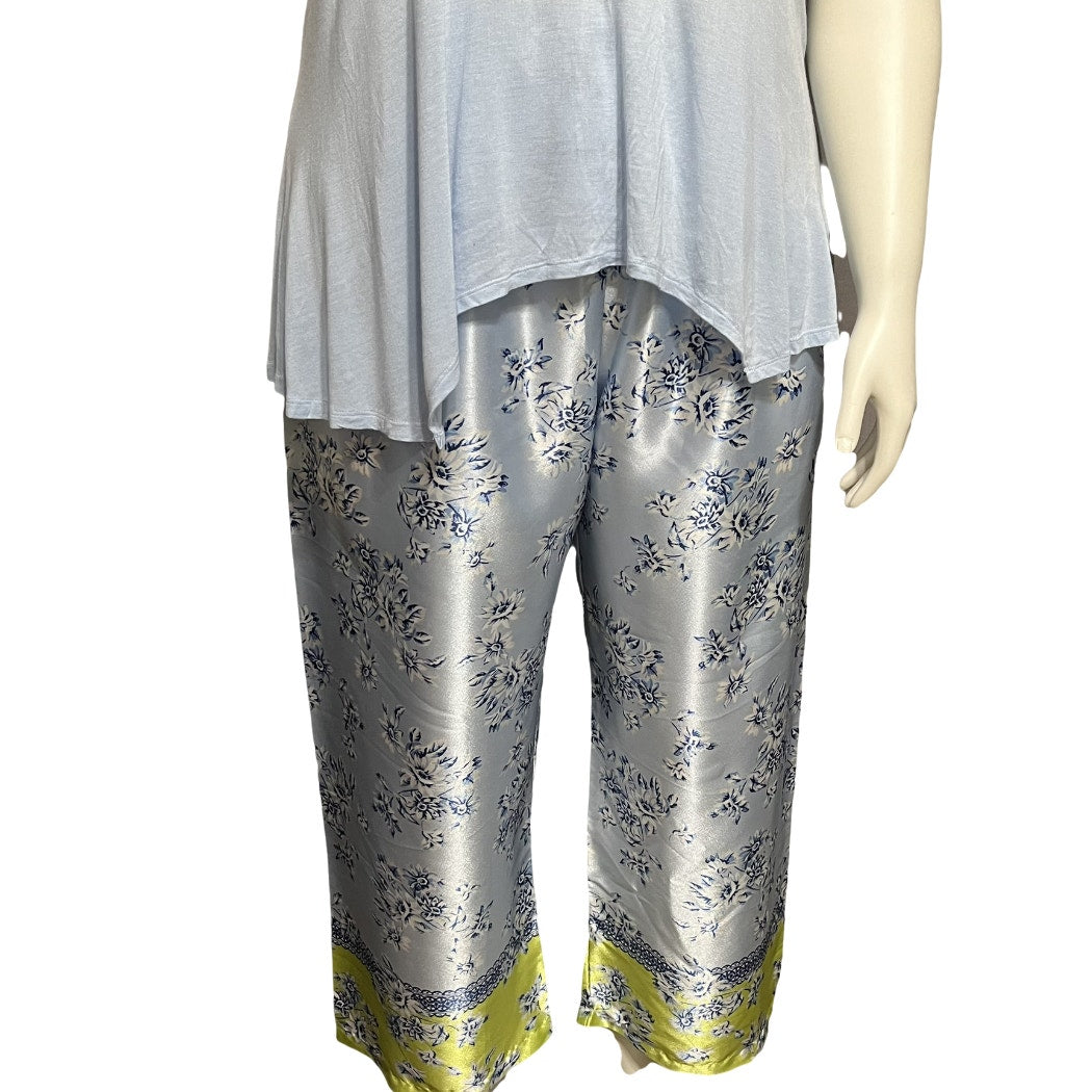 Oscar De La Renta Blue 2 Pc Tank & Satin Floral Pants Pajama Set Sz-1X