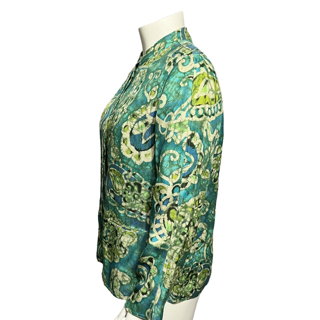 Laura Ashley Green Paisley Print Silk Linen Blend Lightweight Jacket Sz-Large