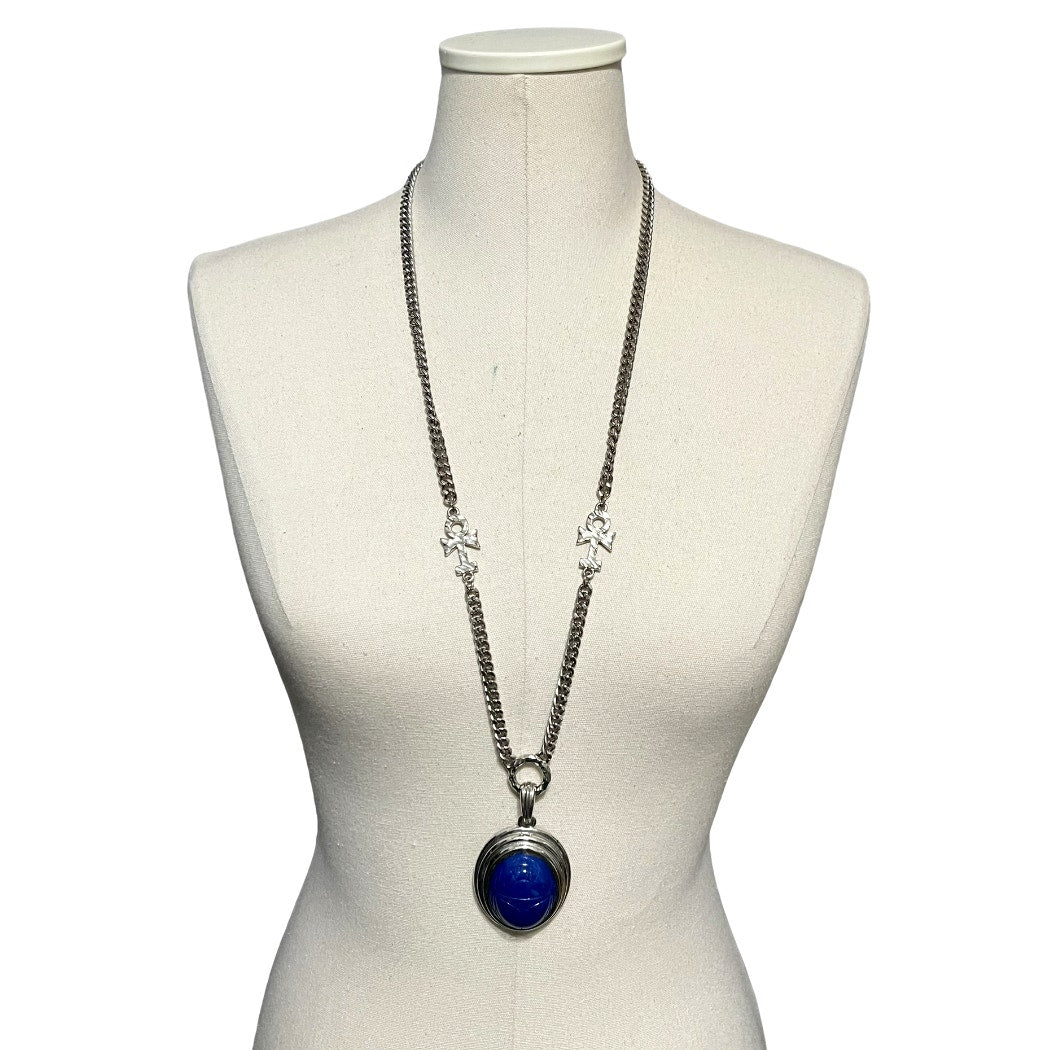 Silver With Blue Long Chain Pendant Necklace