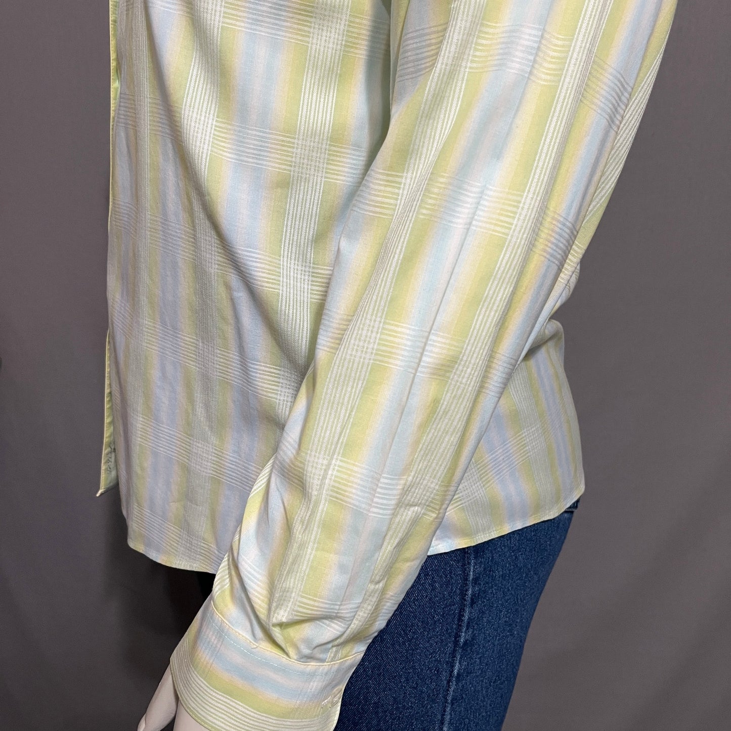 Women Checkered Print Spring Button Front Shirt Sz-16 Pale Yellow Blue Green