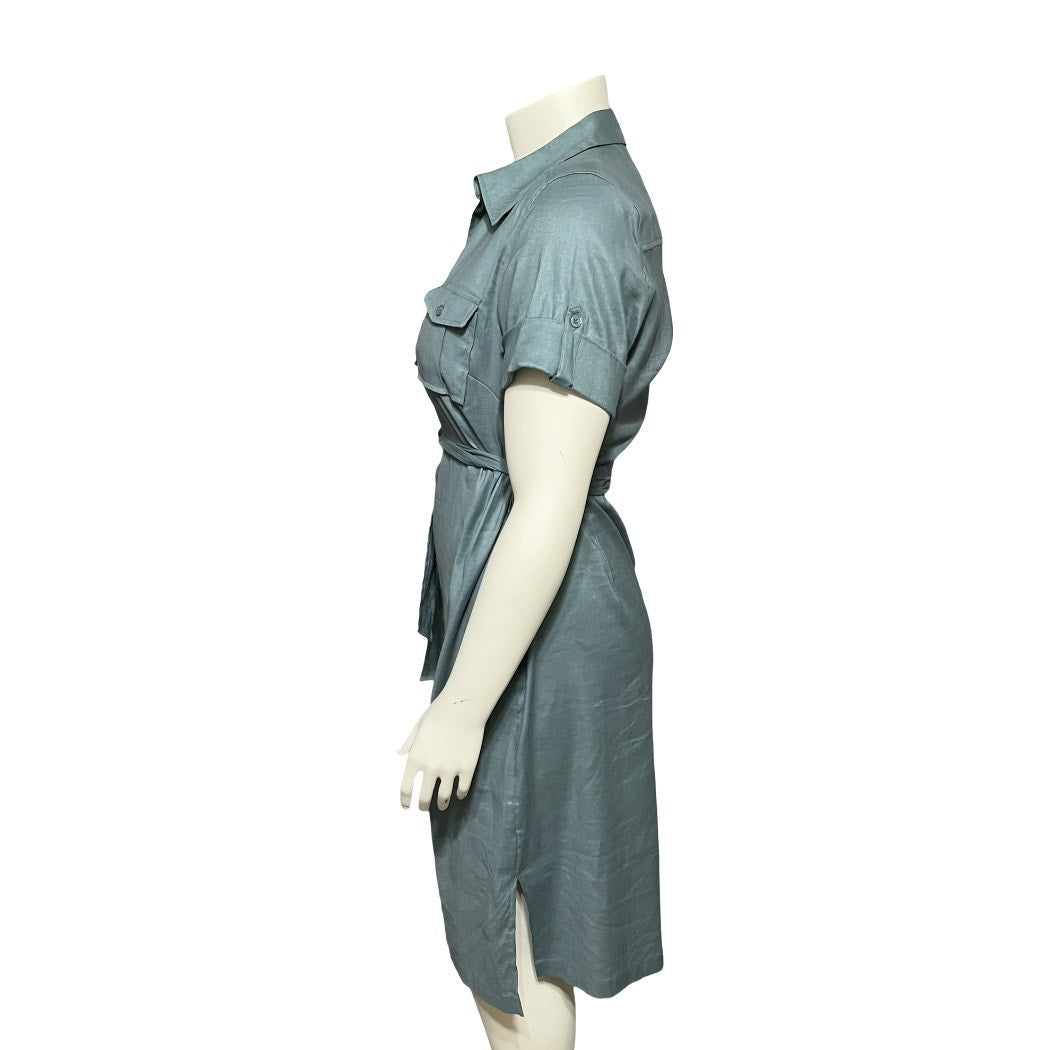 Apostrophe Green Half Button Tie Linen/Cotton Blend Waist Midi Shirt Dress Sz-12