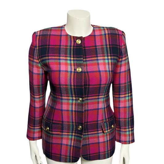 Lord & Taylor Pink Fuchsia Plaid Print Fitted Blazer Sz-6P