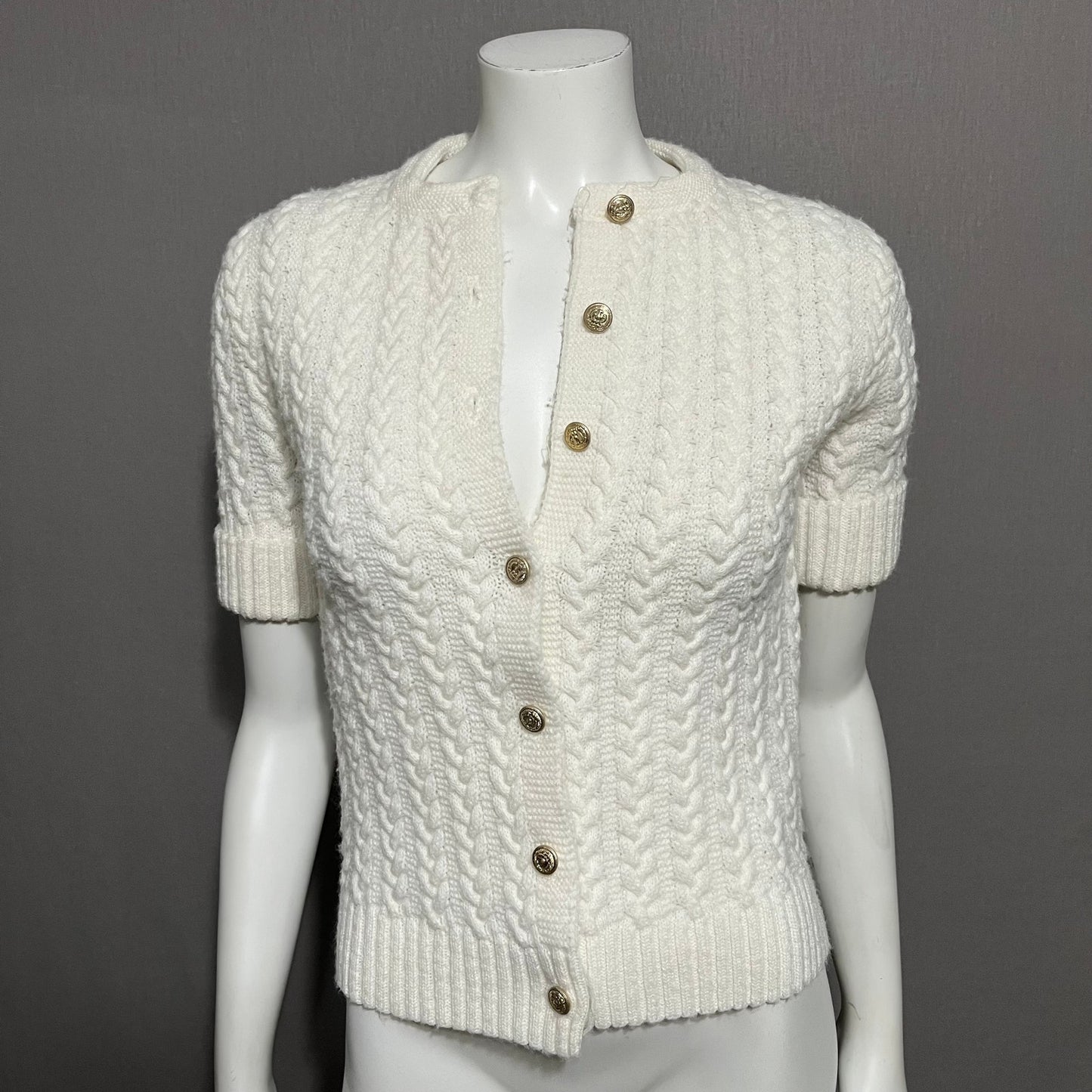 Vintage Bradley Cream Textured Knit Gold Button Front Cardigan Sz-Small