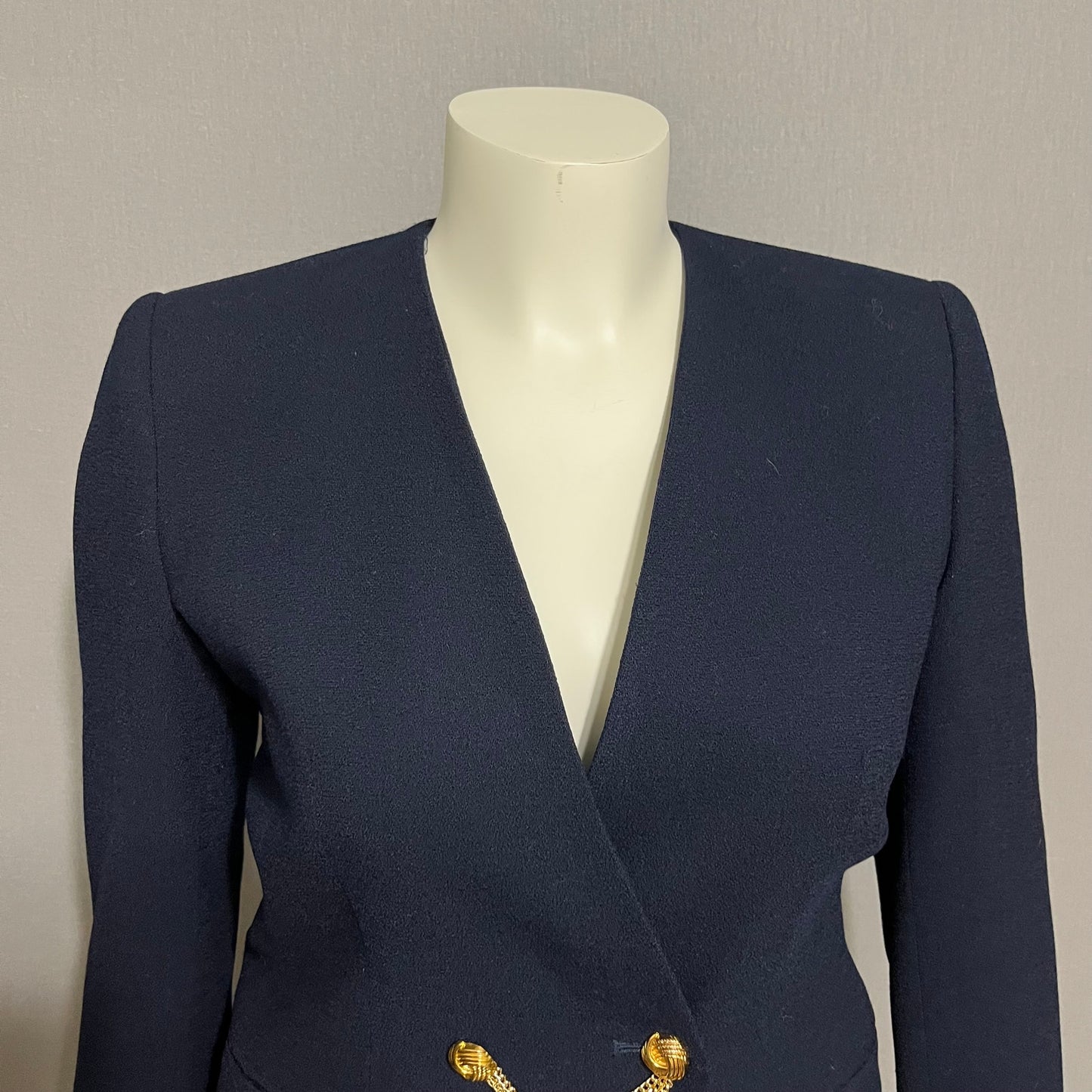 Kasper Navy Draped Gold Chain Collarless  Career Blazer Sz-6P