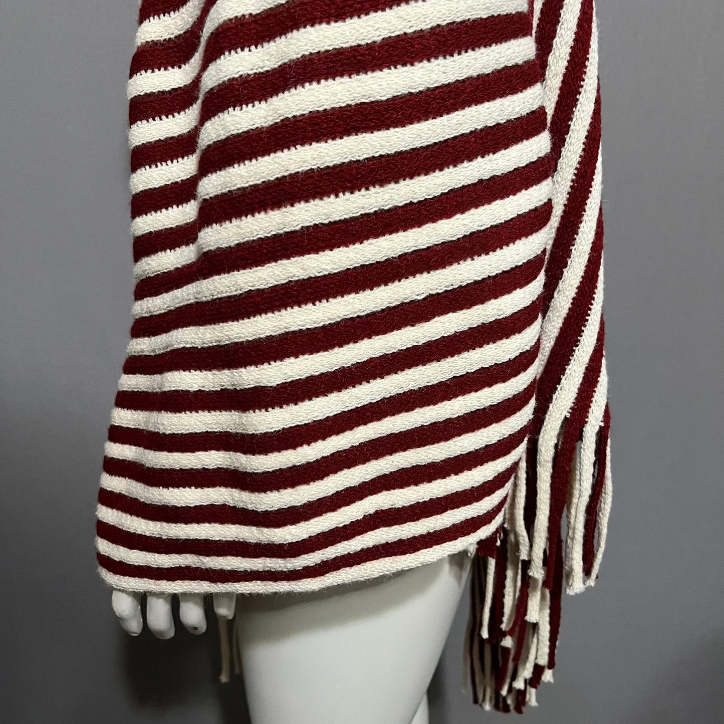 Striped Maroon Turtleneck Pullover Poncho Fringed Sweater Sz-One Size