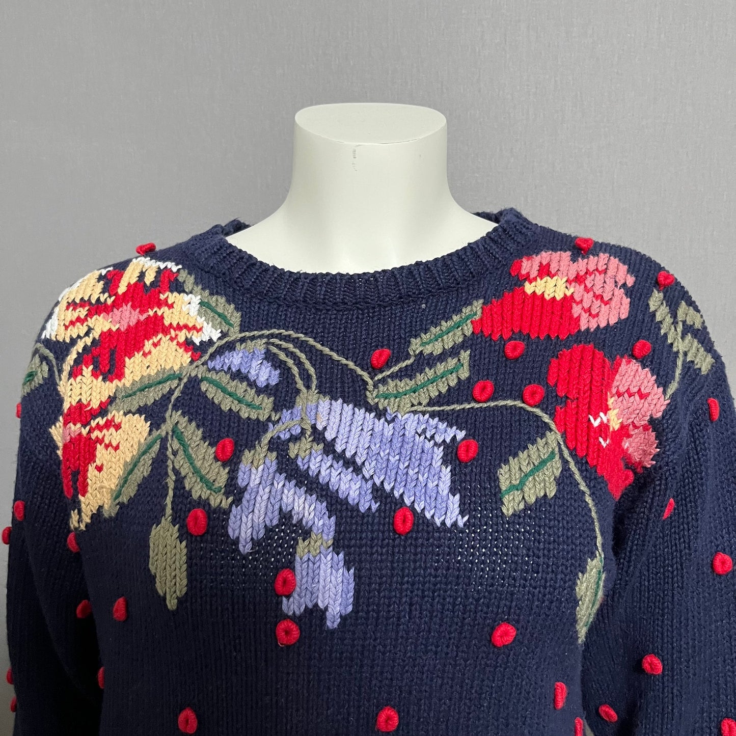 Vintage Jennifer Reed Navy Cherry Red Floral Embroidered Artsy Sweater Sz-Medium