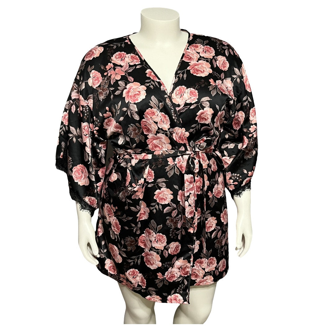 Secret Treasure Black Floral With Lace Robe Sz-XL/1X