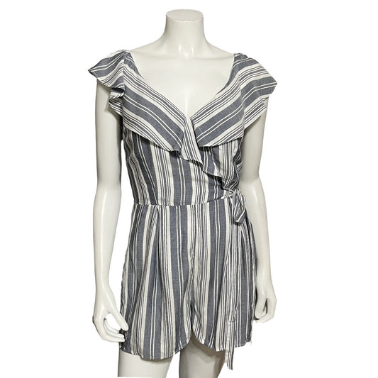 Entro Blueish Gray Striped Cold Shoulder Ruffle Romper Sz-Small