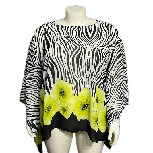 Diane Gilman Zebra Lime Floral Print Sheer Pullover Poncho Sz-XS-XL