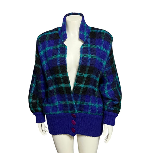 I.B Diffusion Plaid Chunky Knit Wool Mohair Cardigan Sweater Sz-Medium