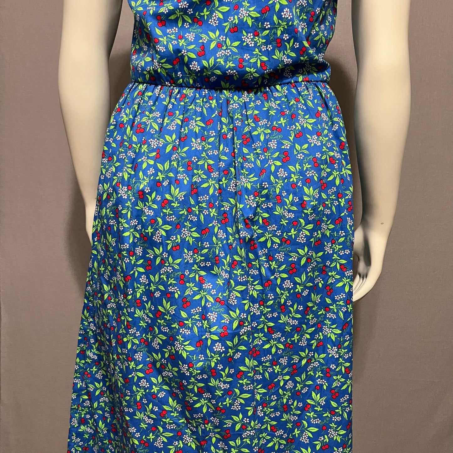 Vintage Floral Cherry Print Blue 100% Cotton Flare Dress Sz-Large