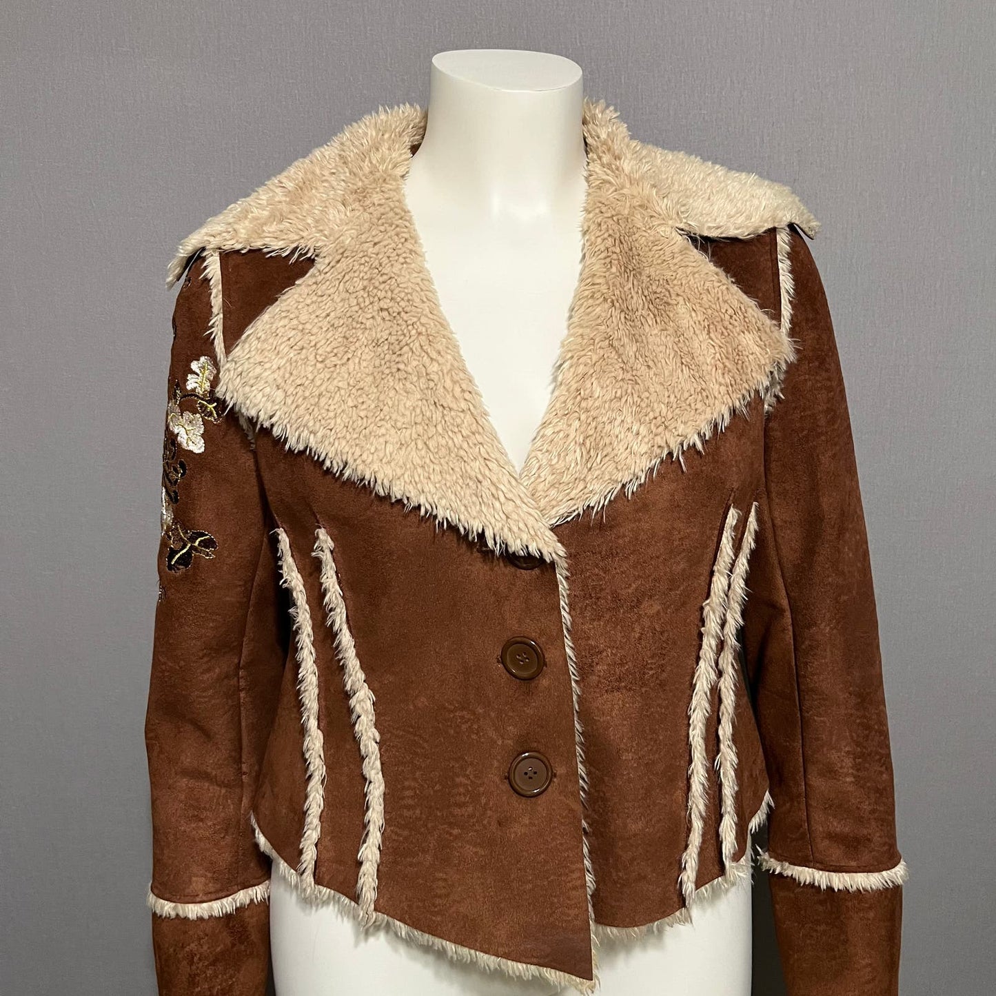 Candies Suede Embroidered Sleeve Faux Fur Cropped Jacket Sz-Lg/XL