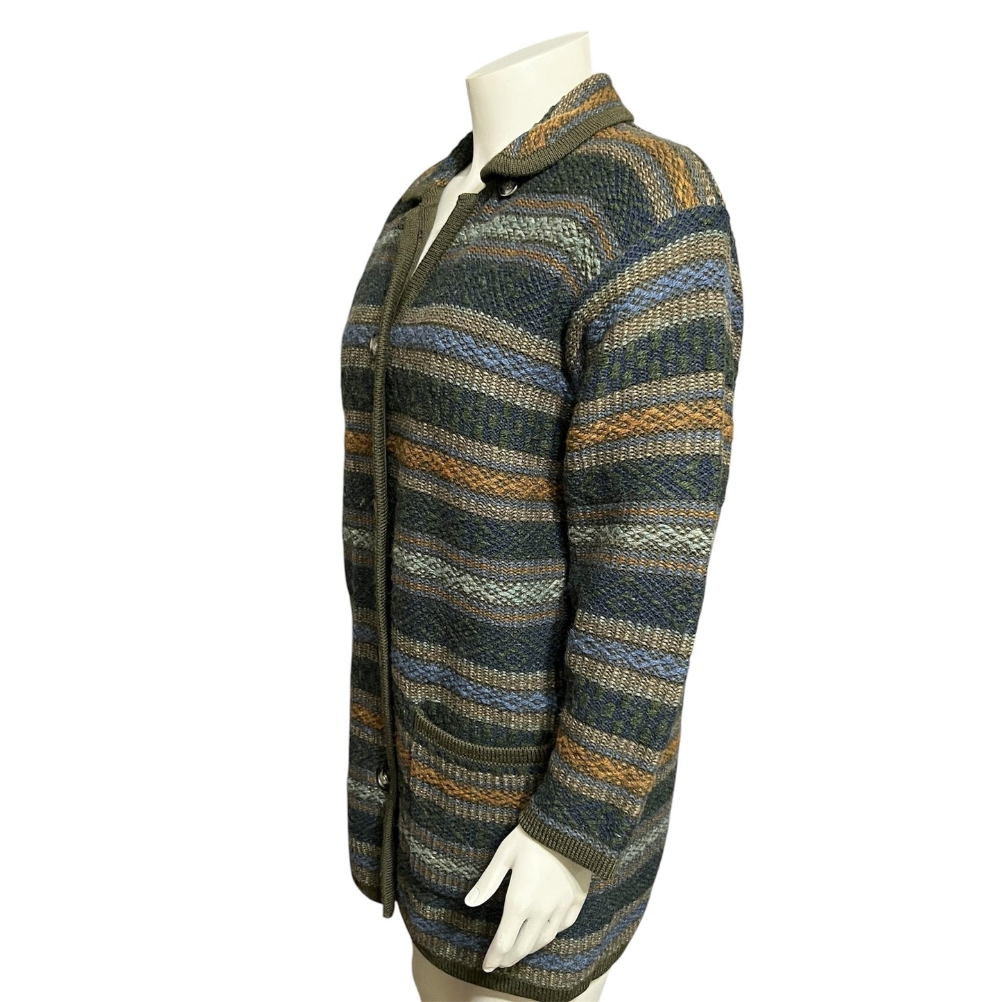 Laura Ashley 100% Wool Cardigan Sweater Jacket Sz-Medium Chunky Striped