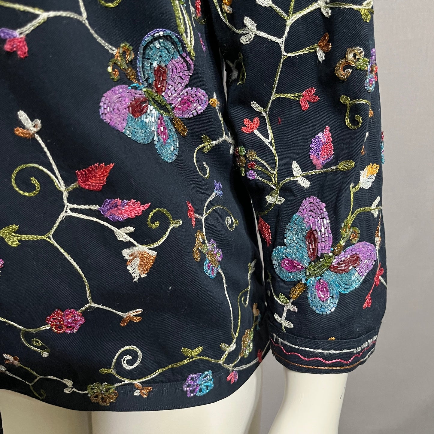 The Quacker Factory Beaded Embroidered Cotton Jacket Butterfly Floral Sz-Small