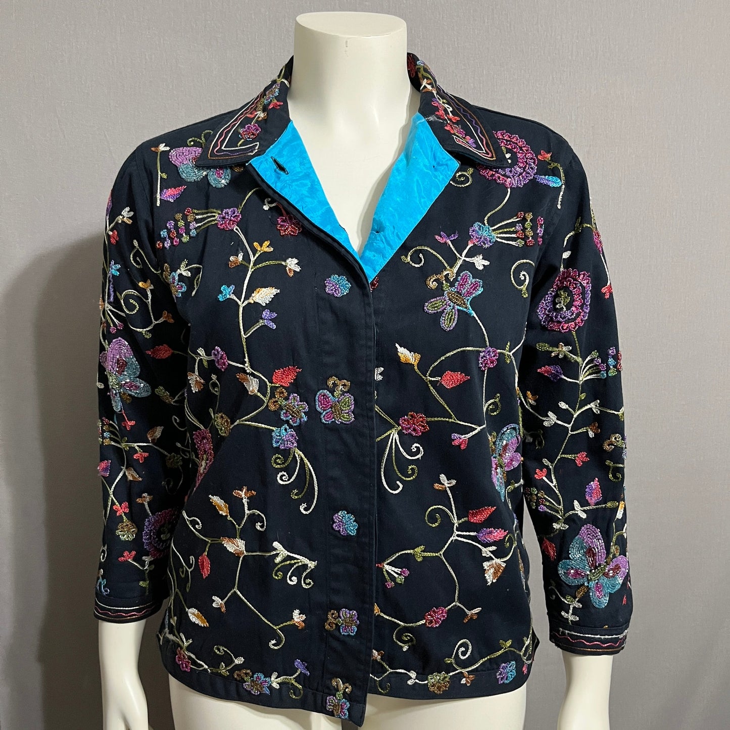 The Quacker Factory Beaded Embroidered Cotton Jacket Butterfly Floral Sz-Small