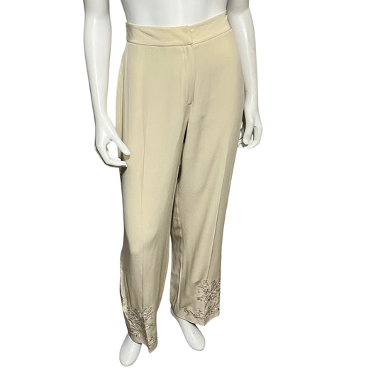 Rena Rowan Crème Silk Blend Embroidered Hem Trouser Pants Sz-6