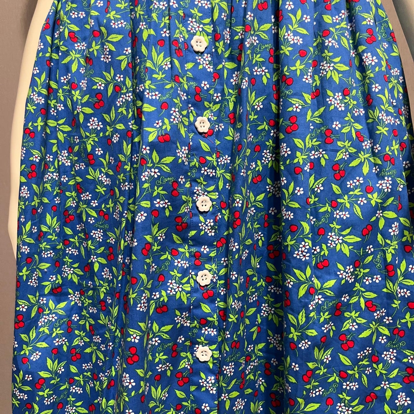 Vintage Floral Cherry Print Blue 100% Cotton Flare Dress Sz-Large