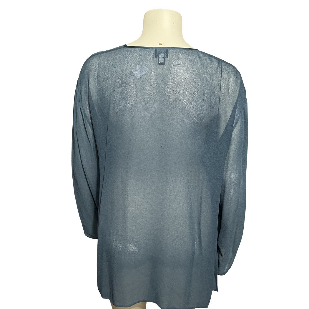 Eileen Fisher Teal 100% Silk Chiffon Sheer Button Front Blouse Sz-Large