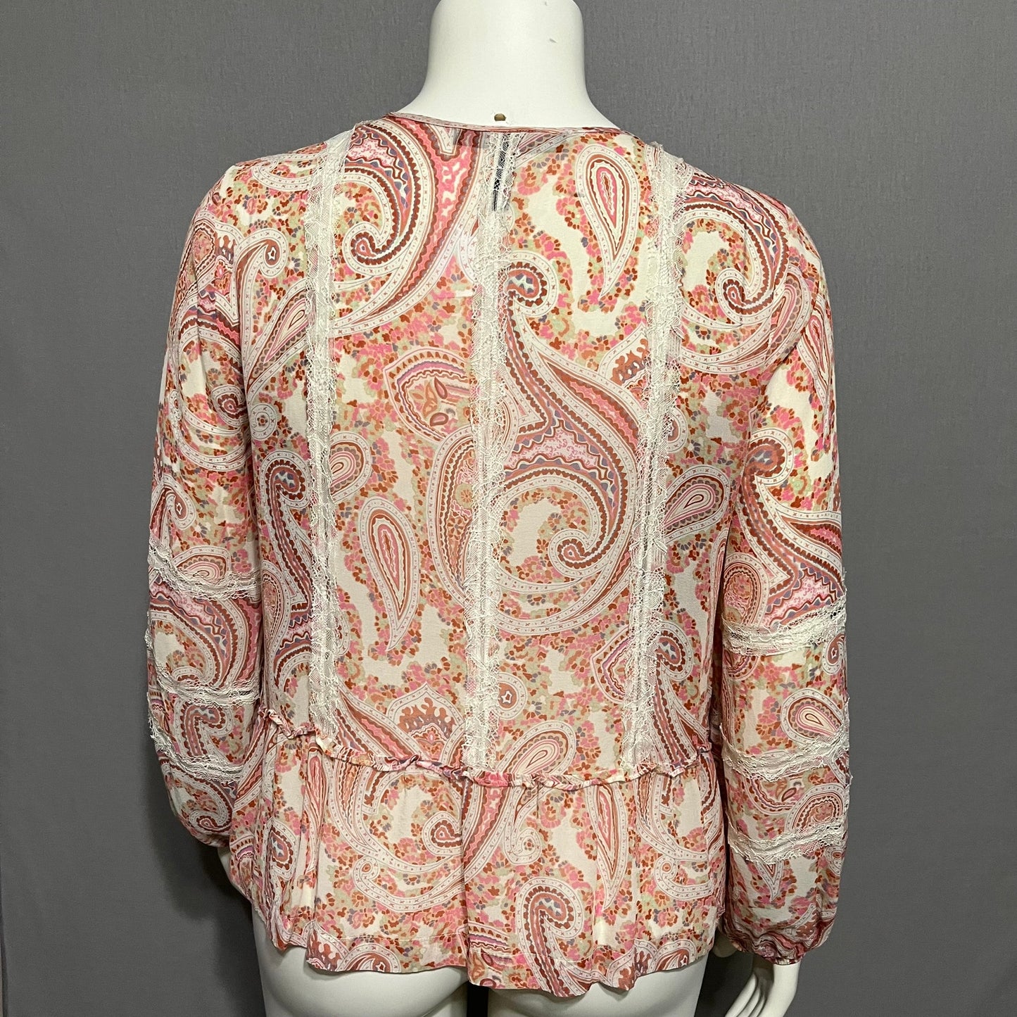 BCBG Sheer Peasant Boho Paisley Print Long Sleeve Blouse Sz-Large