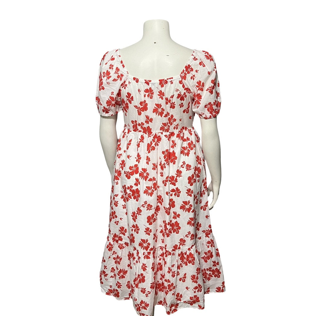 J. Crew Red Floral Short Sleeve Cotton Midi Ruffle Hem Dress Sz-8