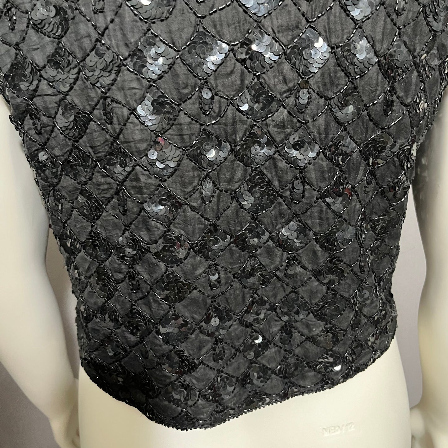 Vintage Sweet Sue Black Allover Sequin Beaded 100% Silk Vest Sz-Medium