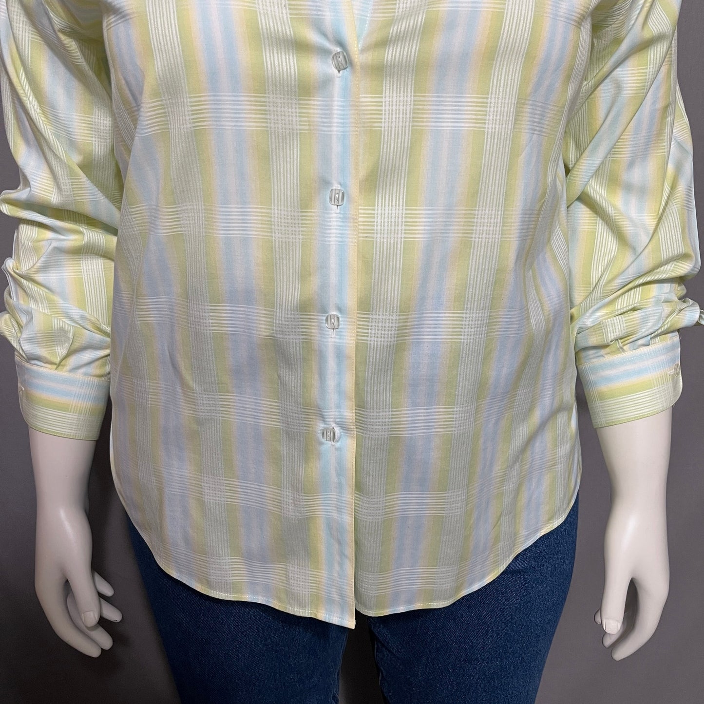 Women Checkered Print Spring Button Front Shirt Sz-16 Pale Yellow Blue Green
