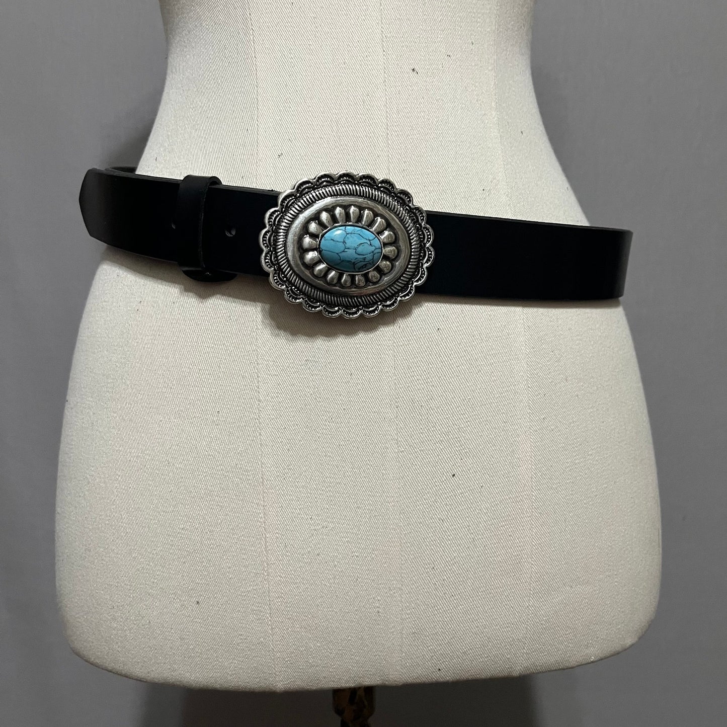 Black Faux Leather Western Silver Buckle With Turqouise Stone Belt Sz-Large