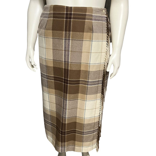 Talbots 100% Lambswool Plaid Wrap Quilted Brown Cream Skirt Sz-14W