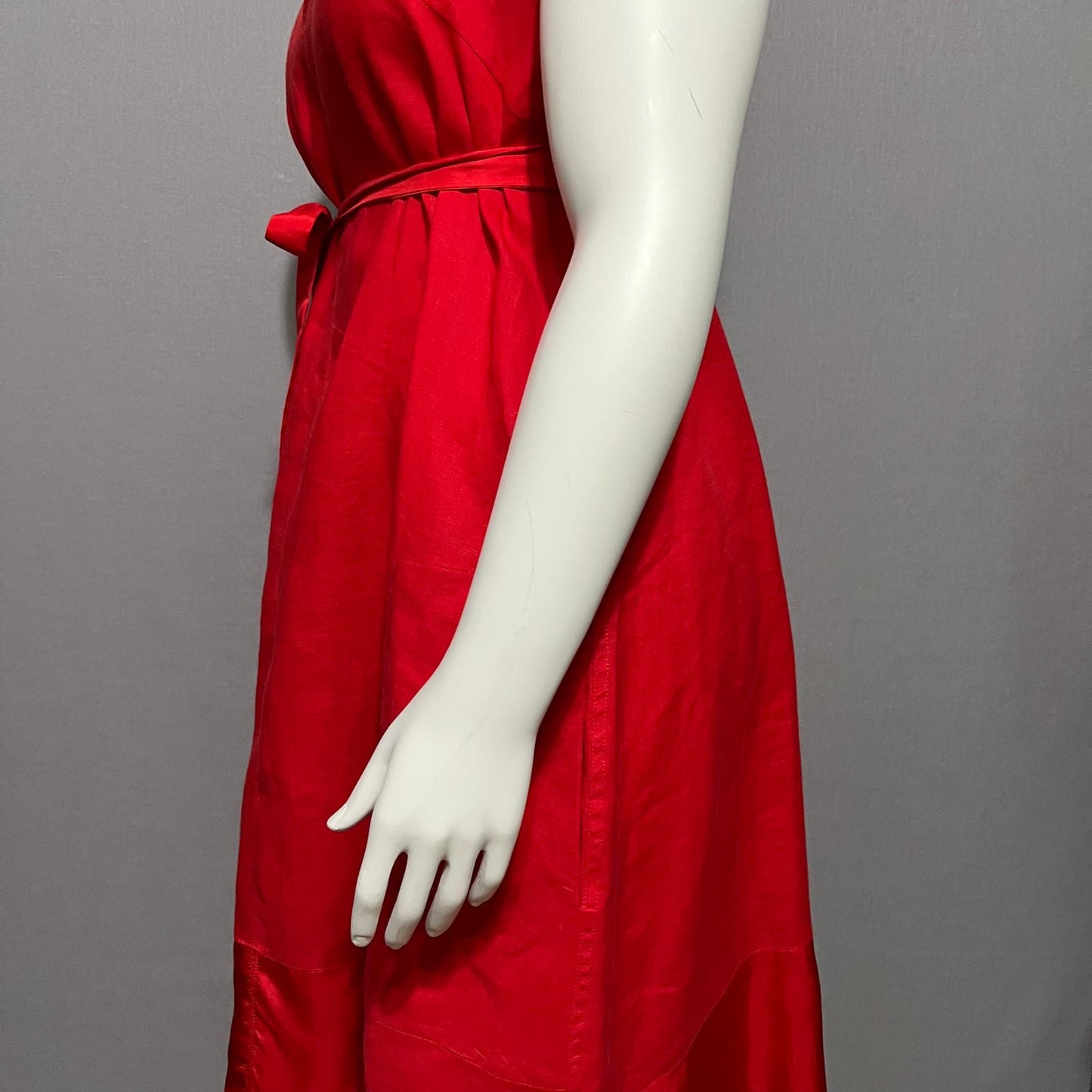 Sundance Red 100% Linen V-Neck Flare With Silk Trim Tie Dress Sz-Large