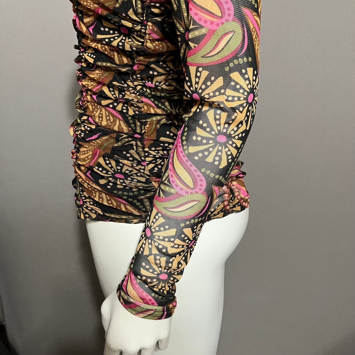 Jane & Delancey Sheer Floral Pink Ruched Mock Neck Top Sz-Medium
