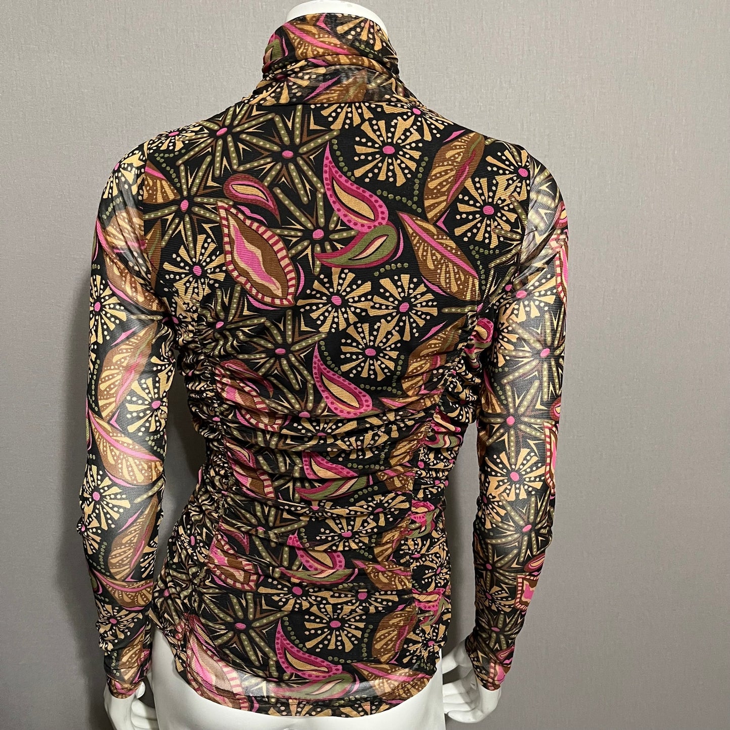 Jane & Delancey Sheer Floral Pink Ruched Mock Neck Top Sz-Medium