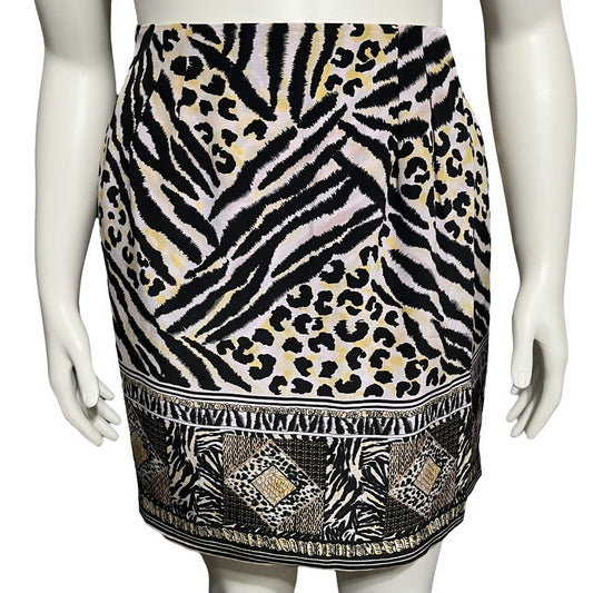 FUDA Vintage Safari Jungle Animal Print Faux Wrap Silk Skirt Sz-Large