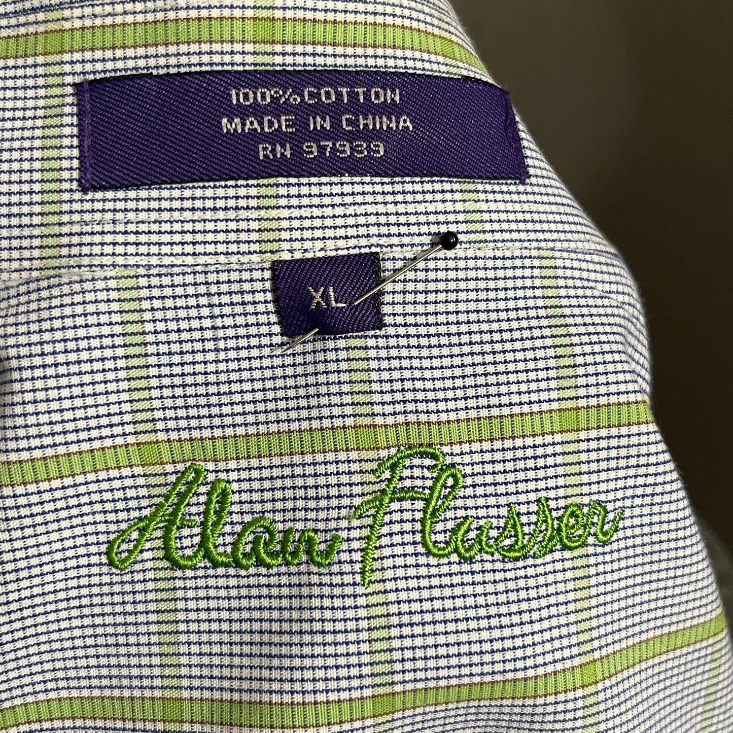 Alan Flusser Men’s XL Window Pane Button Up Blue Green Long Sleeve