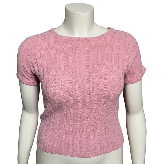 Vintage Pink Pearl Beaded Lightweight Short Sleeve Sweater Sz-Small/Med