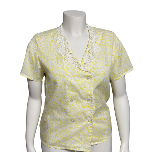 Shapely Vintage Yellow & White Floral Double Breasted Blouse Sz-Medium