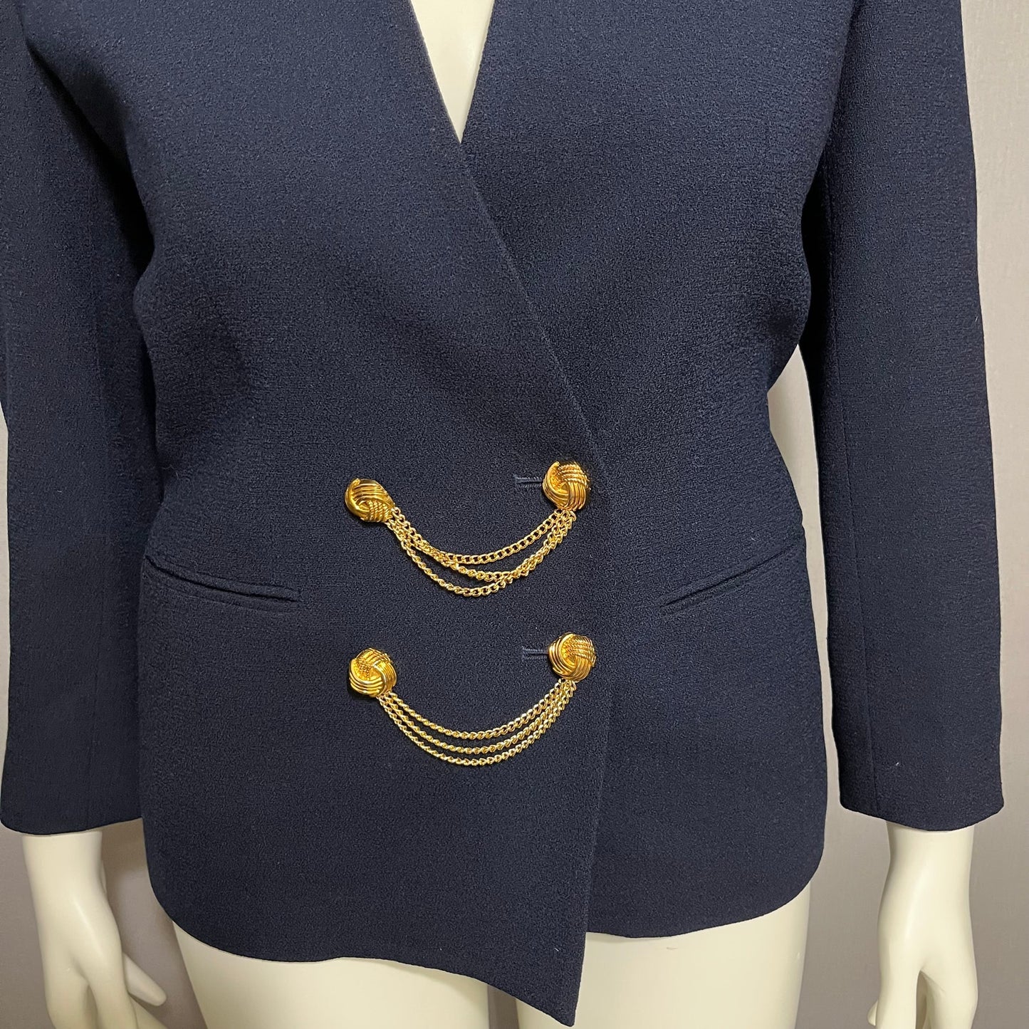 Kasper Navy Draped Gold Chain Collarless  Career Blazer Sz-6P