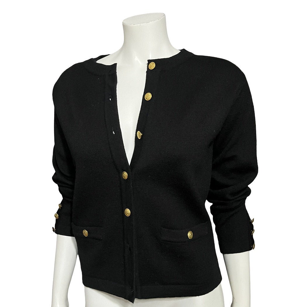 Talbots Black 100% Merino Wool Gold Button Front Cardigan Sz-Small